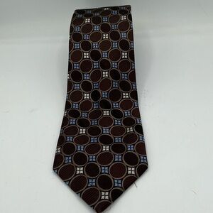Michael Kors men's 100% silk tie in brown with blue circles and white squares